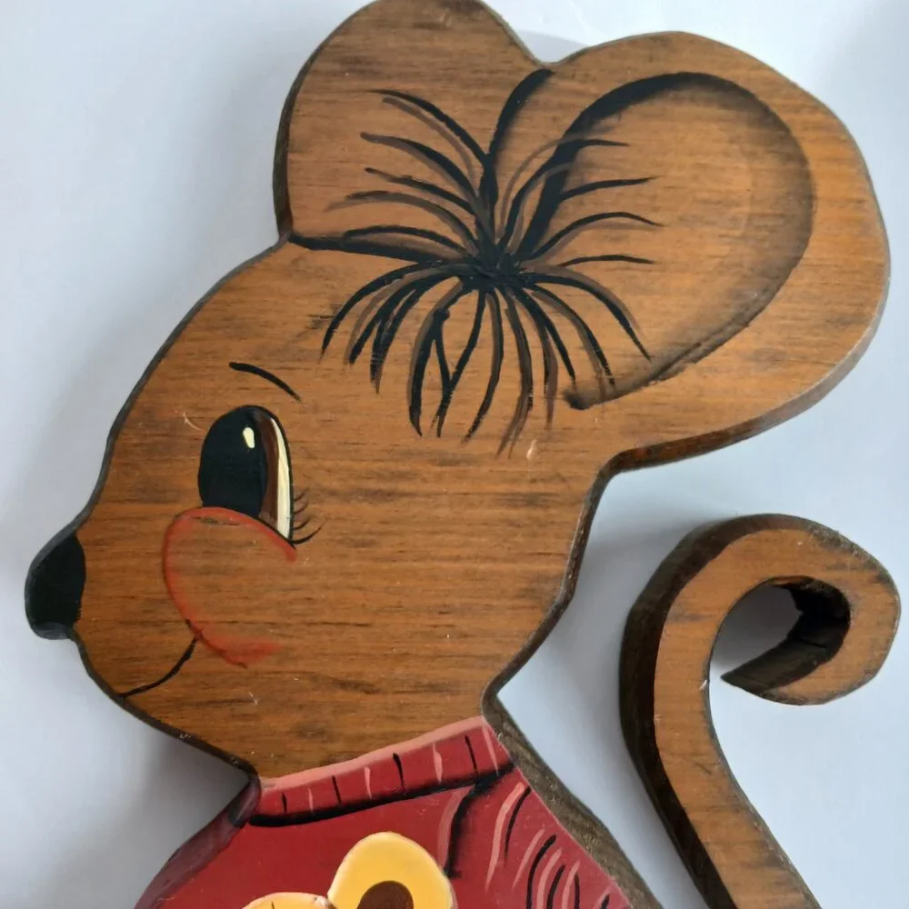 2 Vintage handmade wood mice wall hangings 11.25